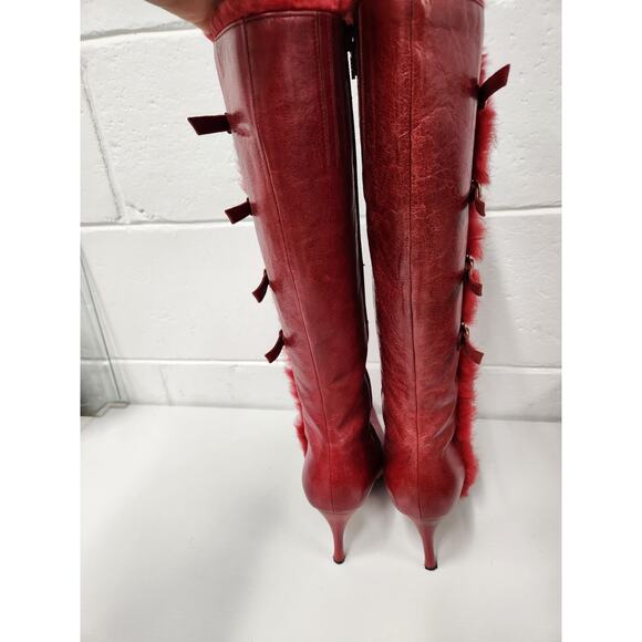 Vintage Beston Women's Red High Heels Tall Boots, Sz 7. Buckle/Rabbit Fur Accent - Picture 6 of 14